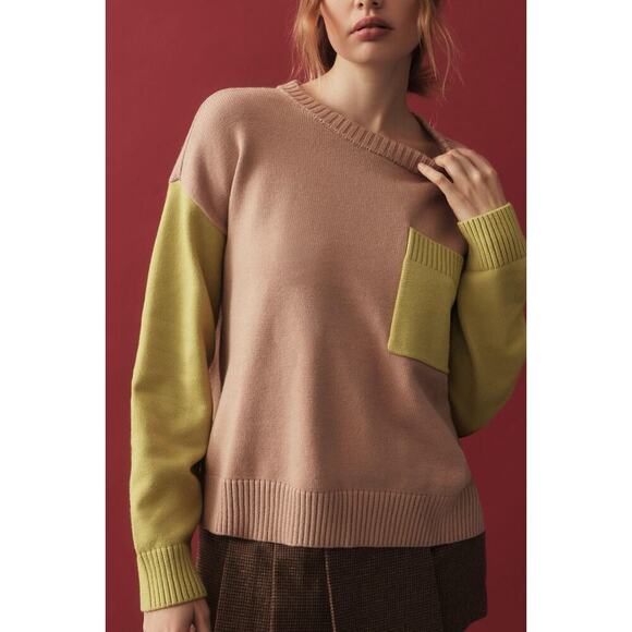 Anthropologie x Dolan Colorblock Lime Crewneck Sweater Phoebe Buffay Boho Small - Picture 2 of 8